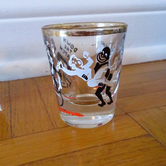 4 Vintage Rumpus Shot Glasses, Federal Glass Jungle Natives "Here's Lookin at Yo - Picture 6 of 7
